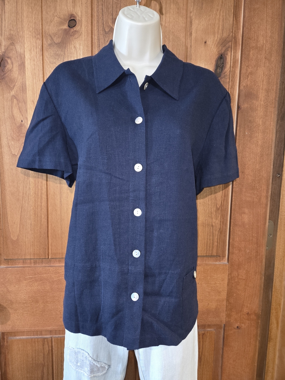 Talbots Navy Button-Up Top Linen Rich